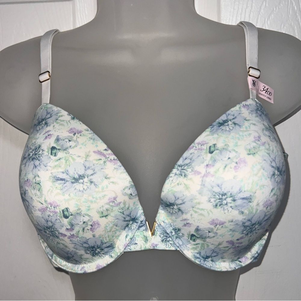 Victoria's Secret White Plunge Bra with Pastel Floral Print